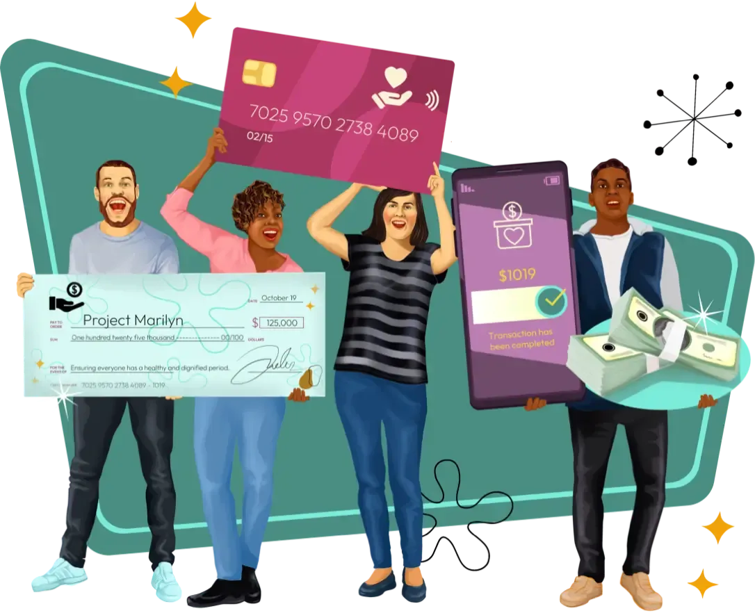 Illustration of several people donating to Project Marilyn with cash, cards, and a check 