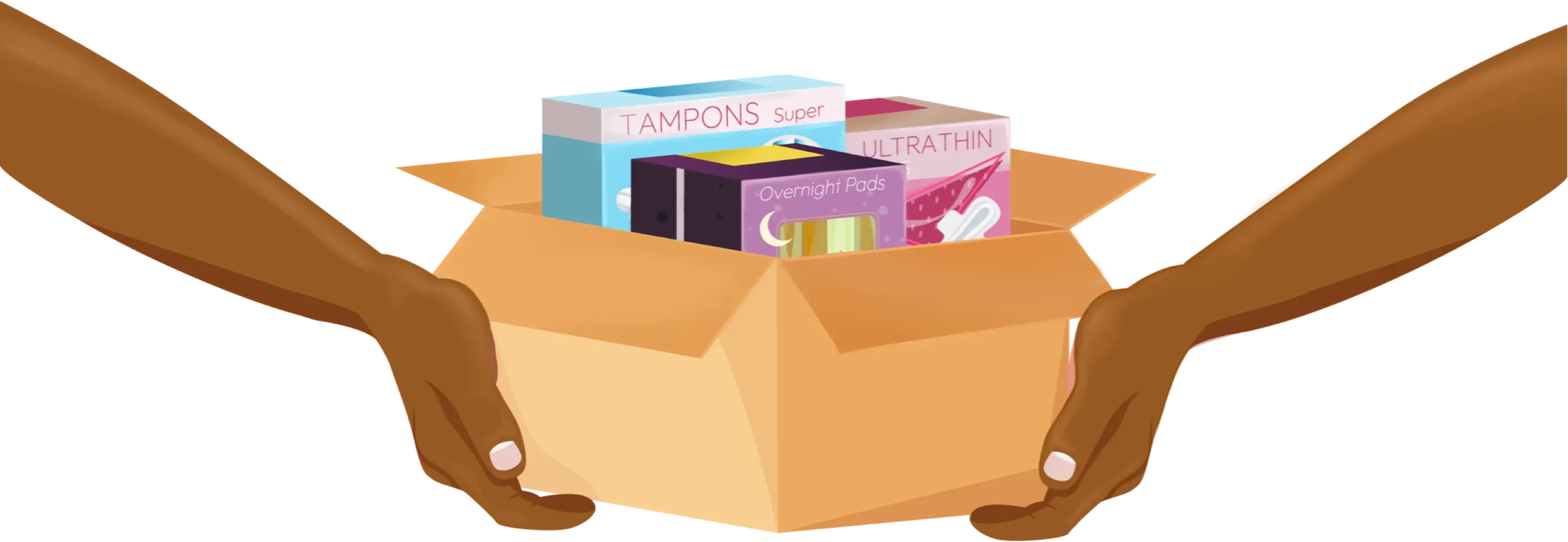 Illustration of a persion holding a box filled with period supplies