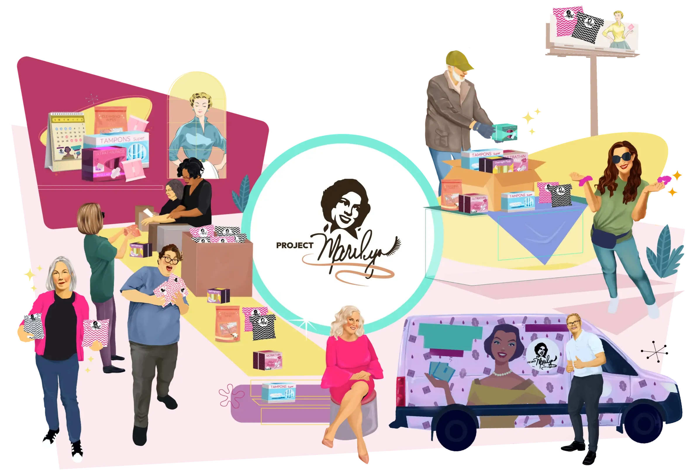 Illustration of the different volunteers, the founder Wendi and packing parties for kits