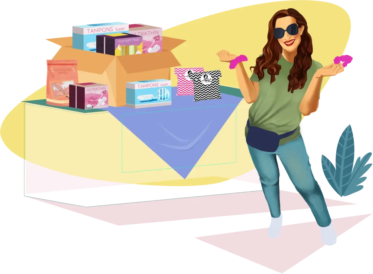 Illustration of a table with period supplies and the Pink + Black Project Marilyn kits