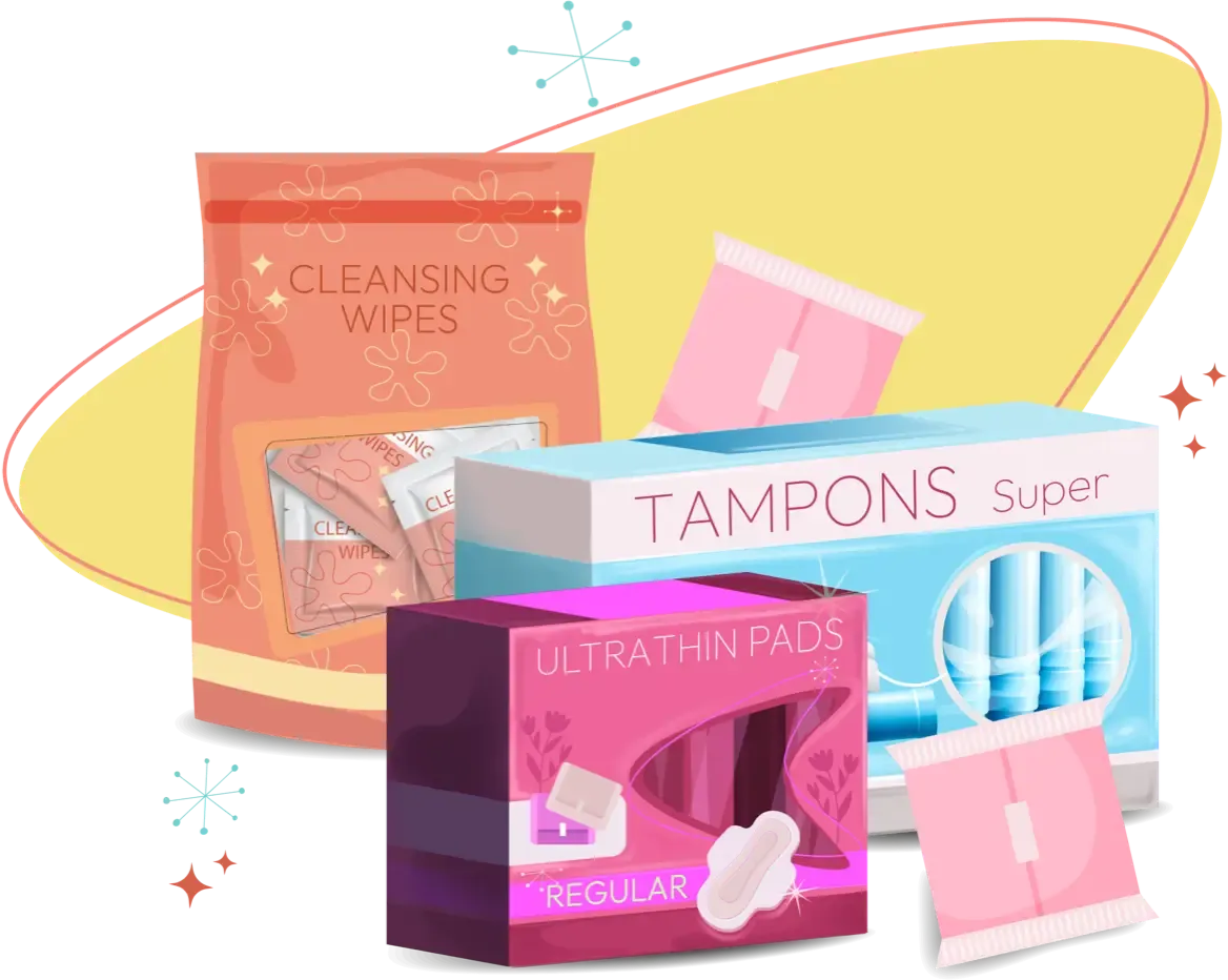 Illustration of the period supplies that come in a Project Marilyn kit